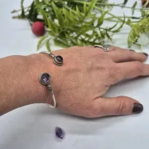Double Amethyst Silver Plated Bangle Bracelet, Purple Crystal Cuff Bracelet