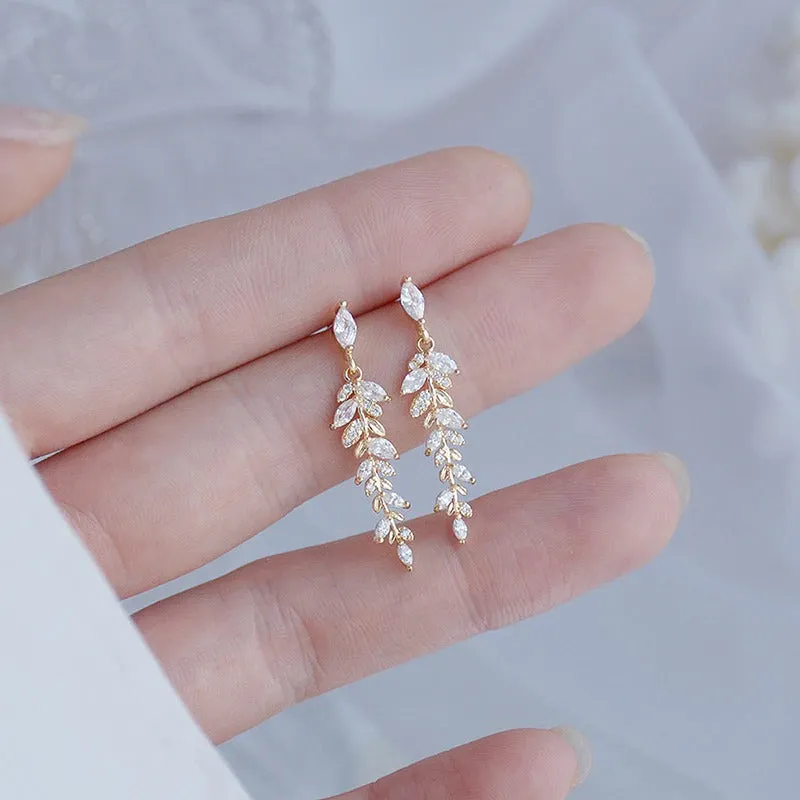 Elegant Micro Inlaid Rhinestone Nature Inspired Long Drop Earrings Collection