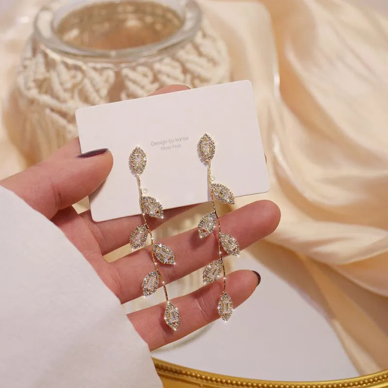 Elegant Micro Inlaid Rhinestone Nature Inspired Long Drop Earrings Collection