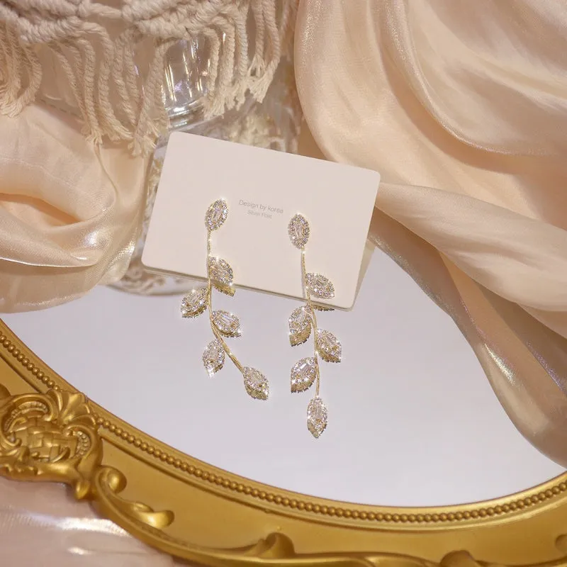 Elegant Micro Inlaid Rhinestone Nature Inspired Long Drop Earrings Collection