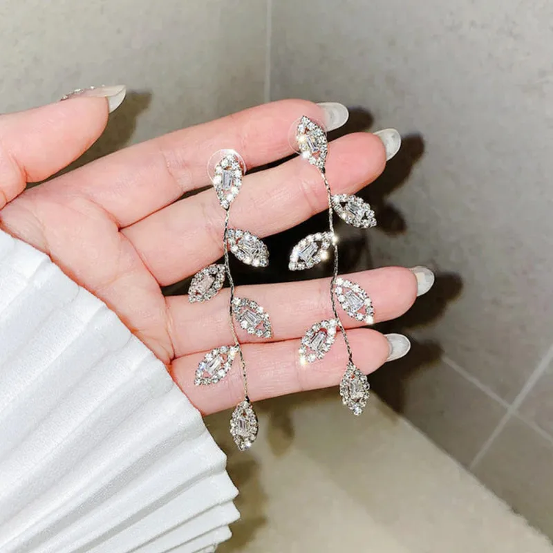 Elegant Micro Inlaid Rhinestone Nature Inspired Long Drop Earrings Collection