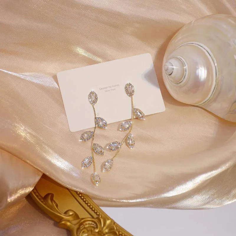 Elegant Micro Inlaid Rhinestone Nature Inspired Long Drop Earrings Collection