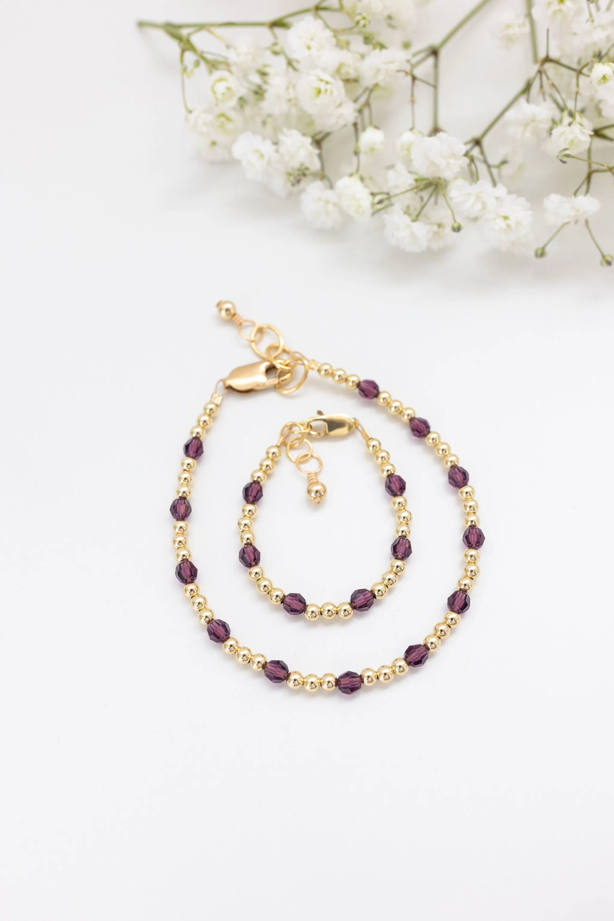 February Birthstone Dotted Mom   Mini Bracelet Set (3MM   4MM Beads)