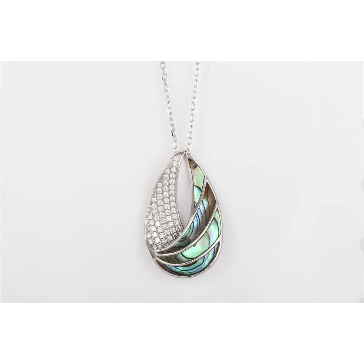 Frederic Sage 14K White Gold Large Open Drop Ablalone and Diamond Pendant Necklace