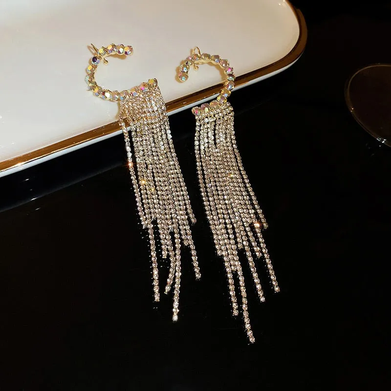FYUAN New Long Tassel Rhinestone Drop Earrings for Women Colorful  Zircon Crystal Ear Clip Earrings Weddings Jewelry Gifts