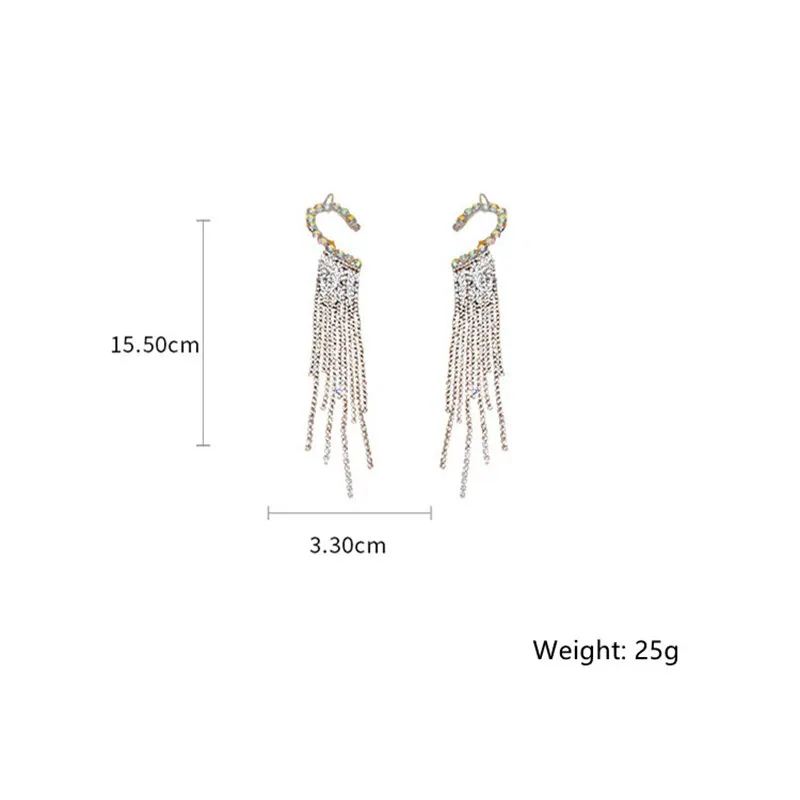FYUAN New Long Tassel Rhinestone Drop Earrings for Women Colorful  Zircon Crystal Ear Clip Earrings Weddings Jewelry Gifts