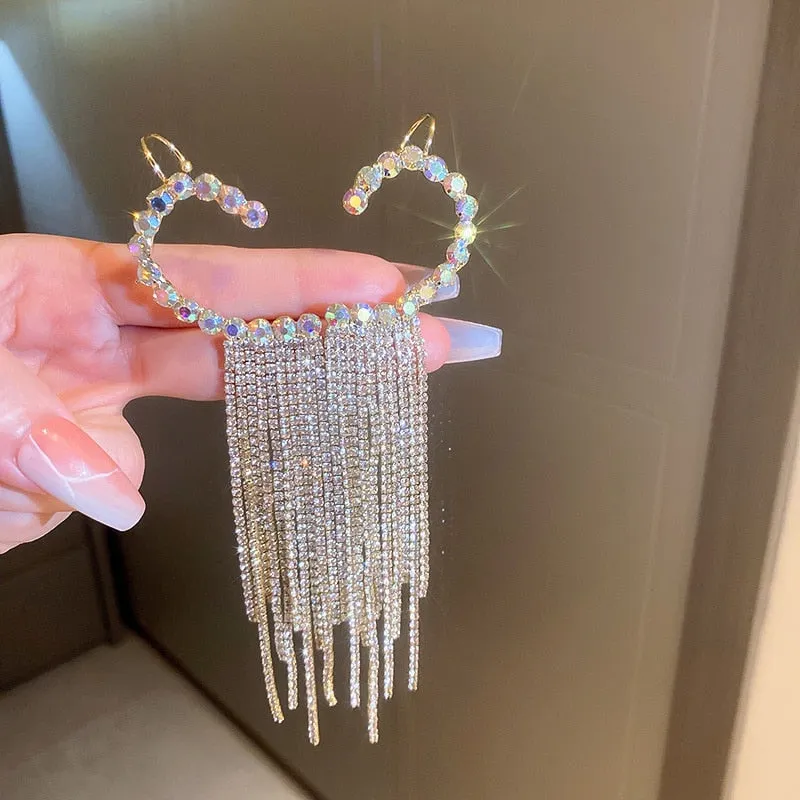 FYUAN New Long Tassel Rhinestone Drop Earrings for Women Colorful  Zircon Crystal Ear Clip Earrings Weddings Jewelry Gifts