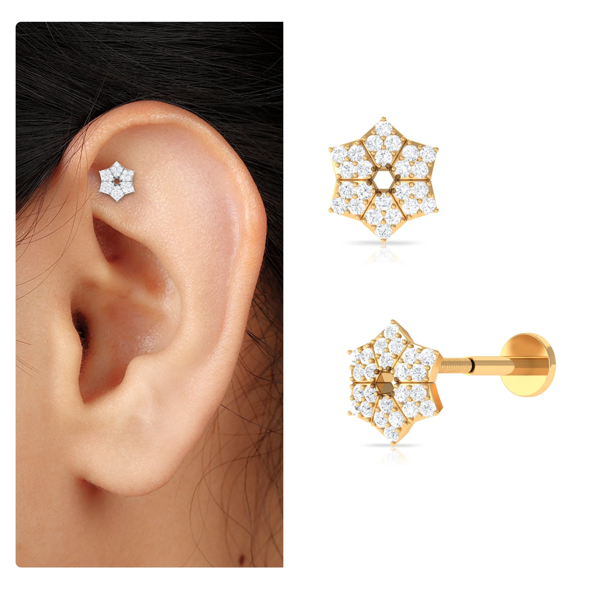 Genuine Moissanite Floral Earring for Upper Lobe Piercing