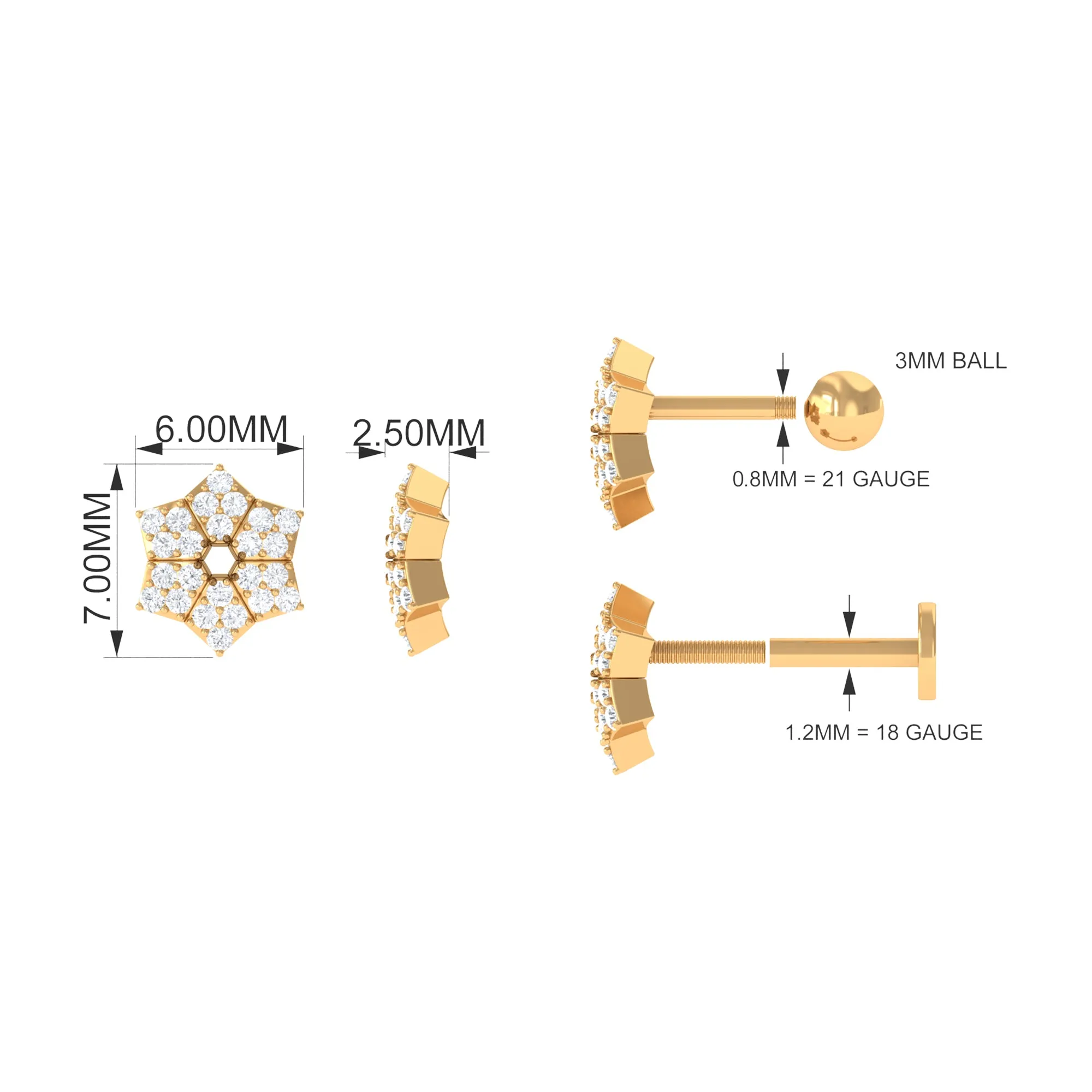 Genuine Moissanite Floral Earring for Upper Lobe Piercing