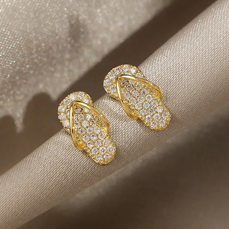 Glistening Mini Zircon Flip Flop Slipper-Shaped Stud Earrings and Necklace