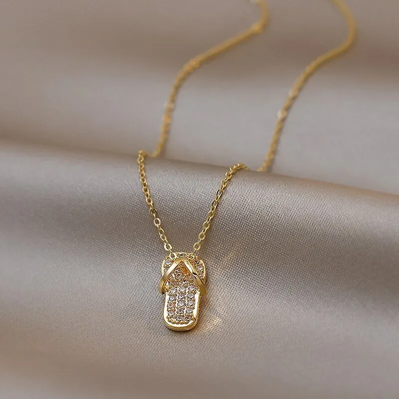 Glistening Mini Zircon Flip Flop Slipper-Shaped Stud Earrings and Necklace