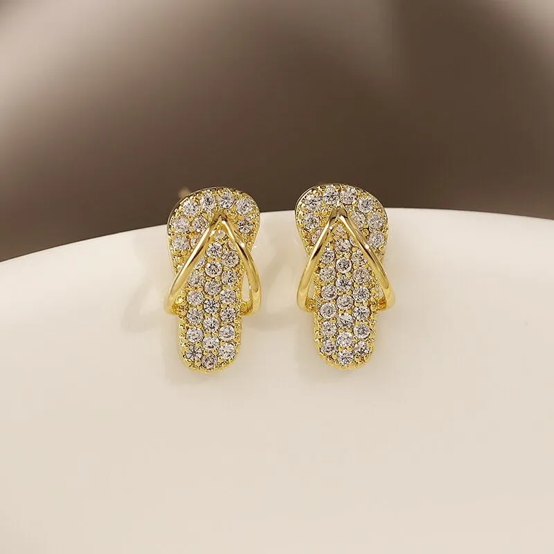 Glistening Mini Zircon Flip Flop Slipper-Shaped Stud Earrings and Necklace