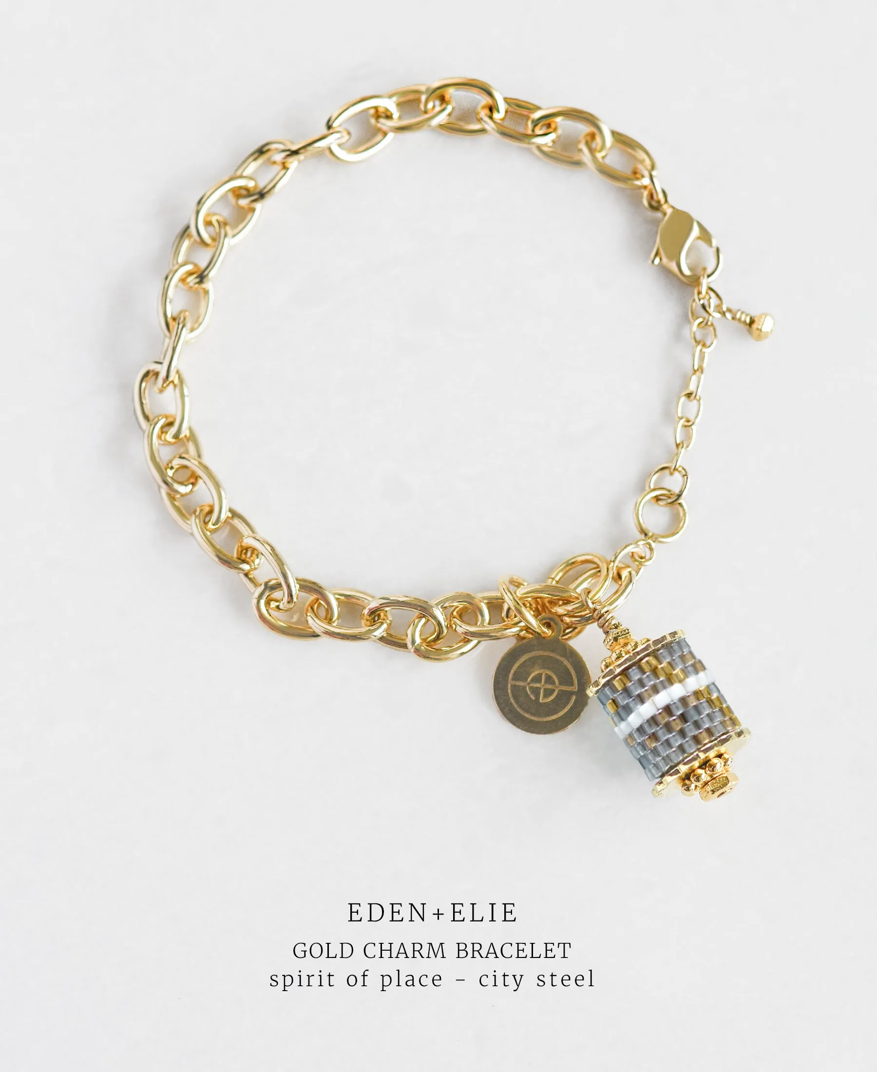 Gold Charm Bracelet   Drop Pendant Necklace Set - Spirit of Place City Steel
