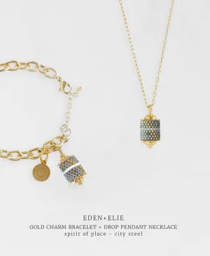 Gold Charm Bracelet   Drop Pendant Necklace Set - Spirit of Place City Steel