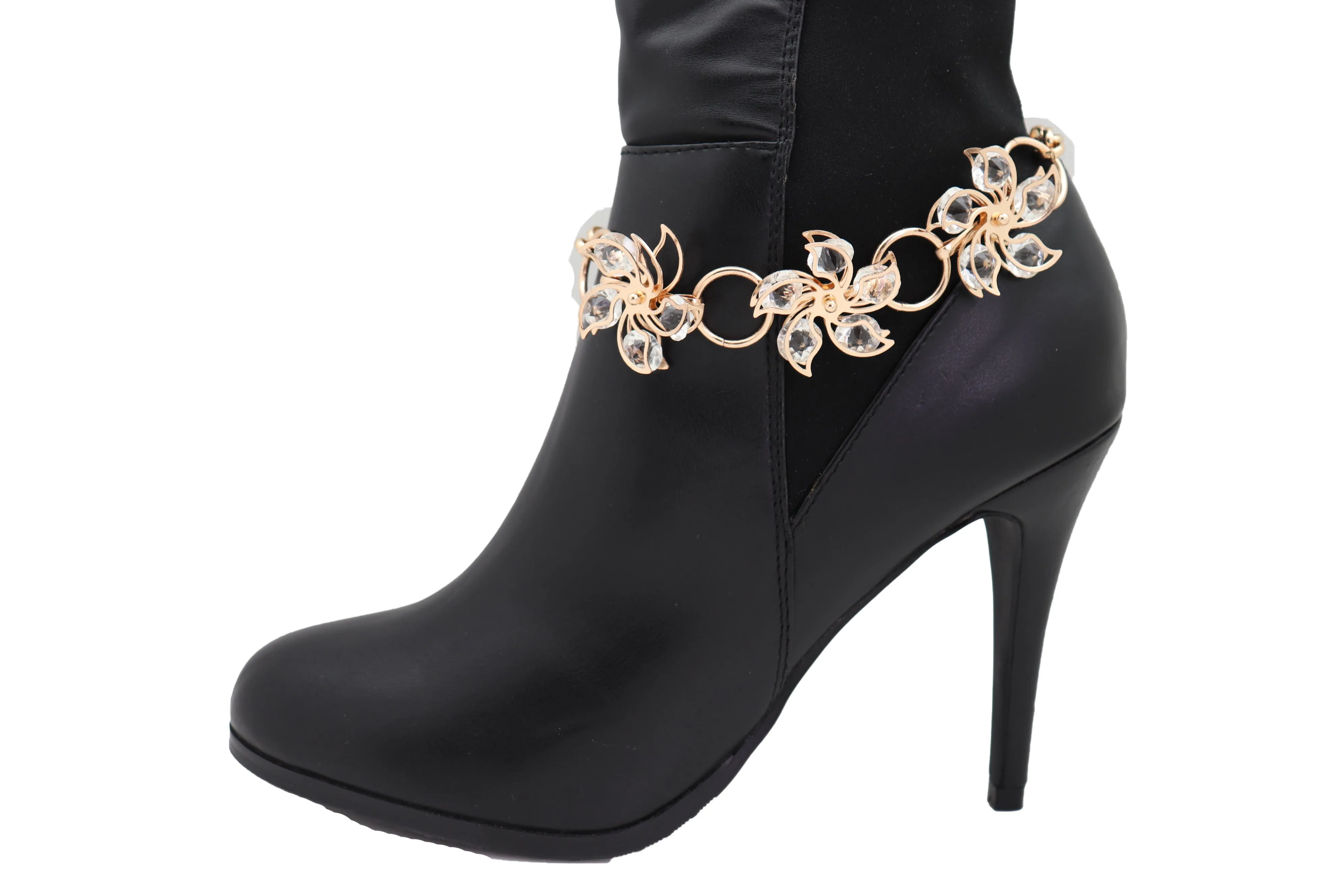 Gold Metal Chain Boot Bracelet High Heel Shoe Charm Bling Flower Anklet