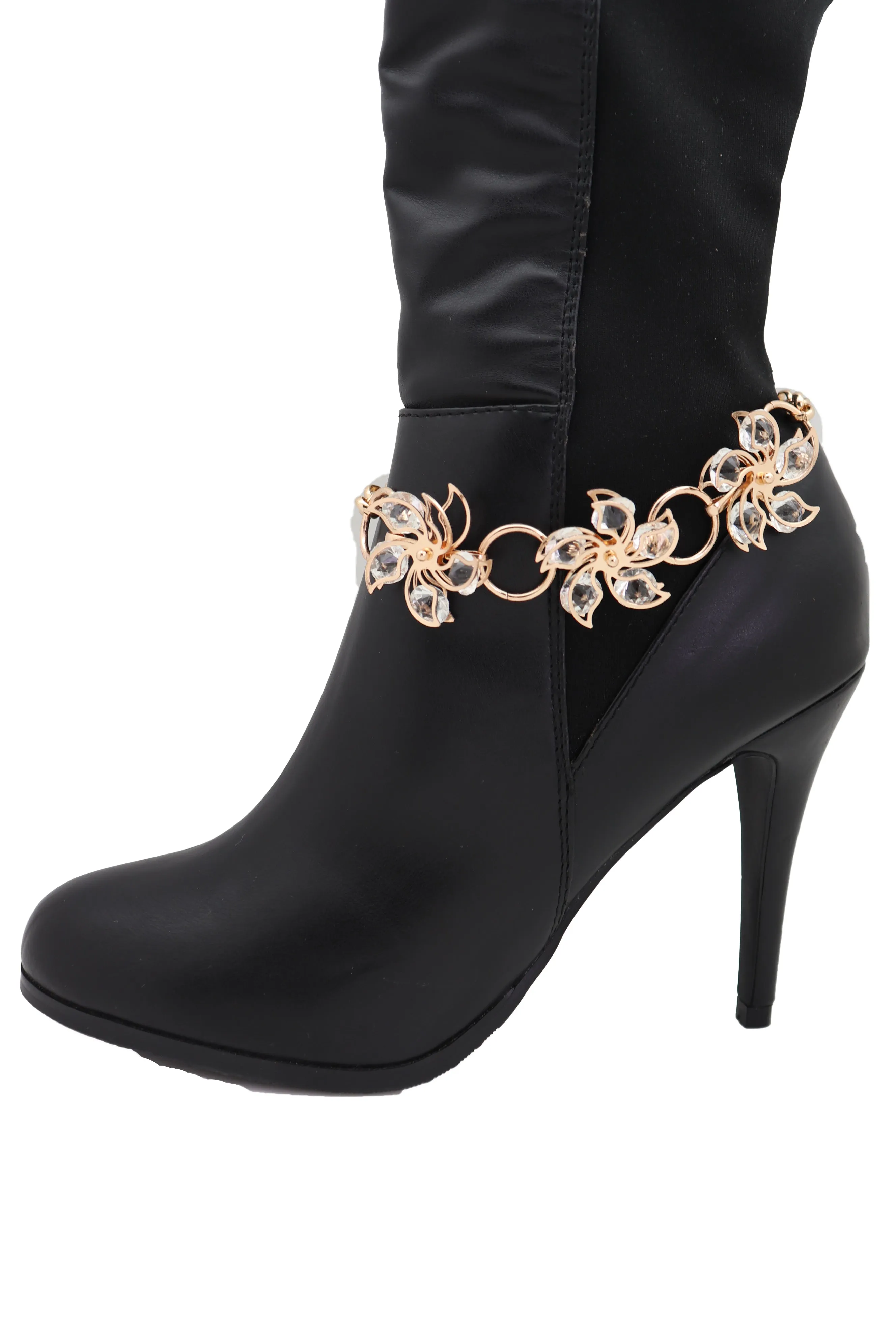 Gold Metal Chain Boot Bracelet High Heel Shoe Charm Bling Flower Anklet