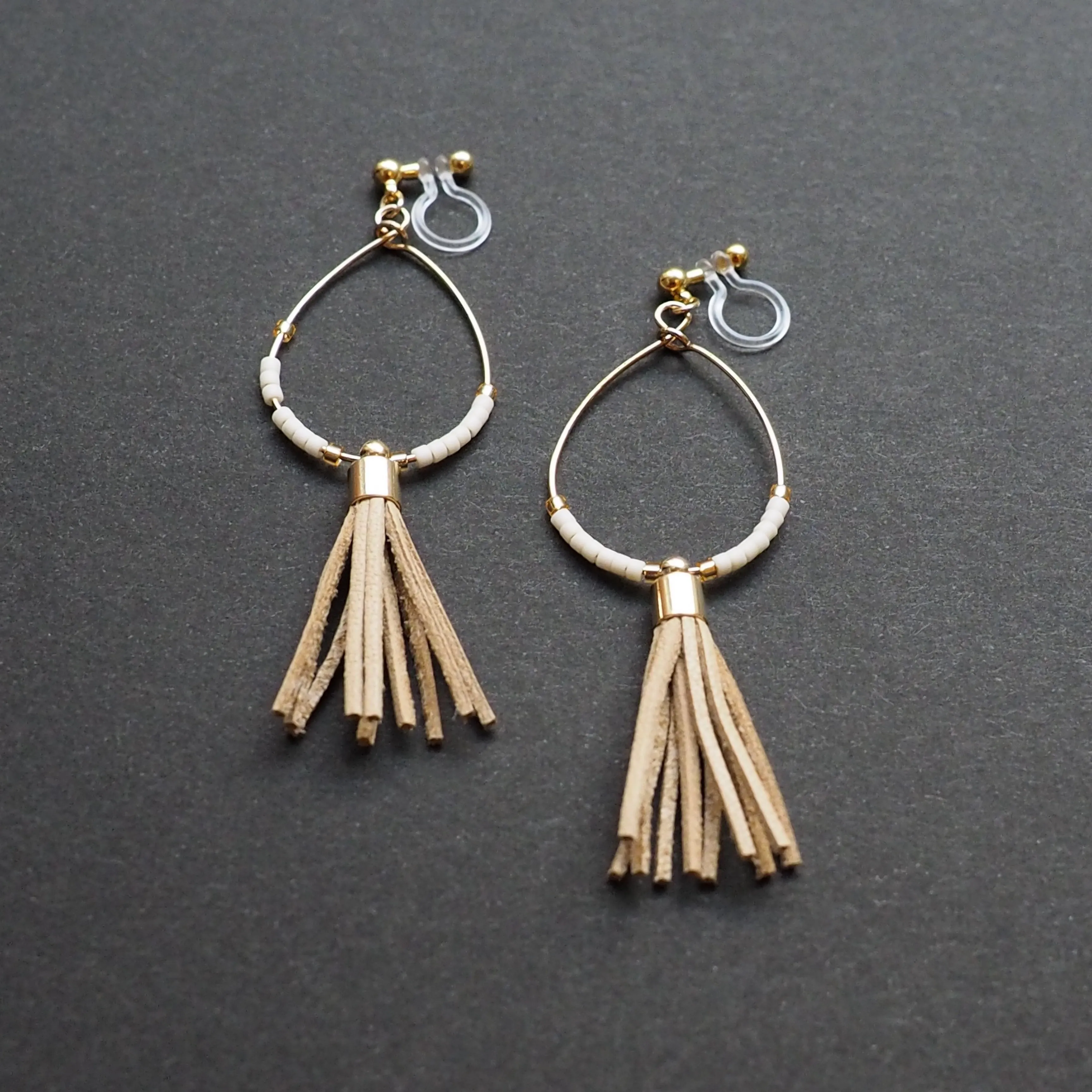 Hoop and beige tassel invisible clip on earrings ( Gold tone )