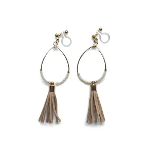 Hoop and beige tassel invisible clip on earrings ( Gold tone )