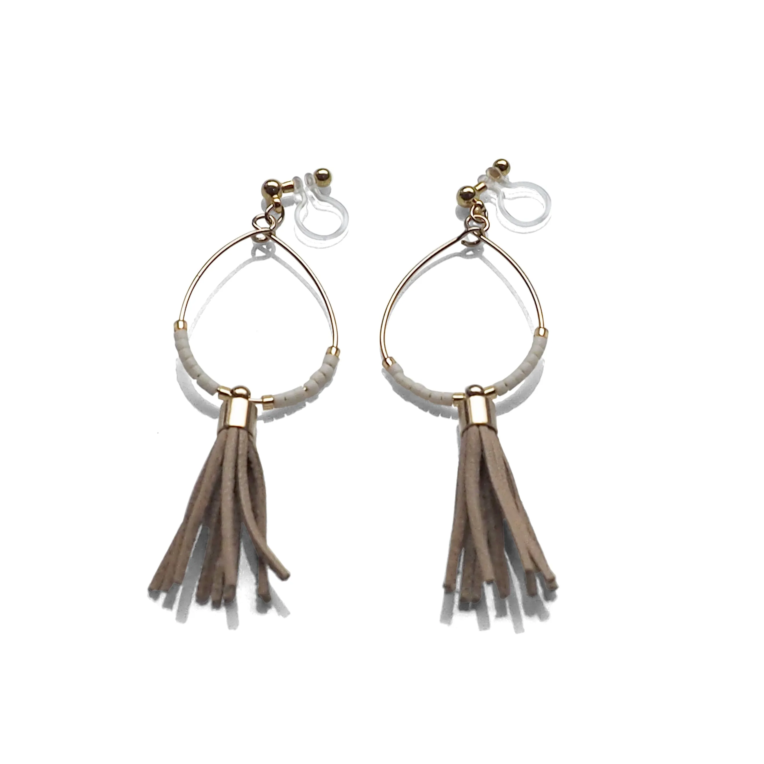 Hoop and beige tassel invisible clip on earrings ( Gold tone )