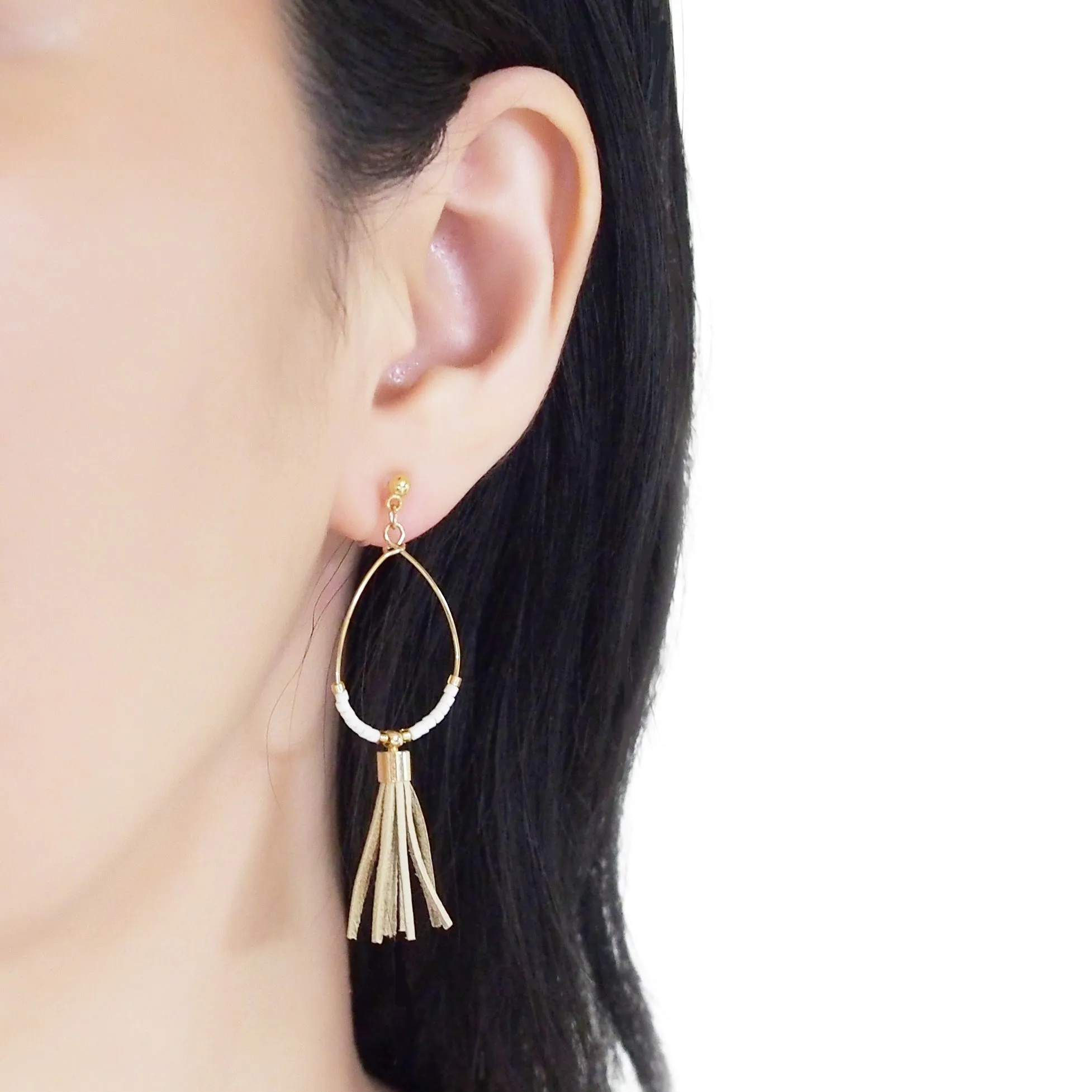 Hoop and beige tassel invisible clip on earrings ( Gold tone )