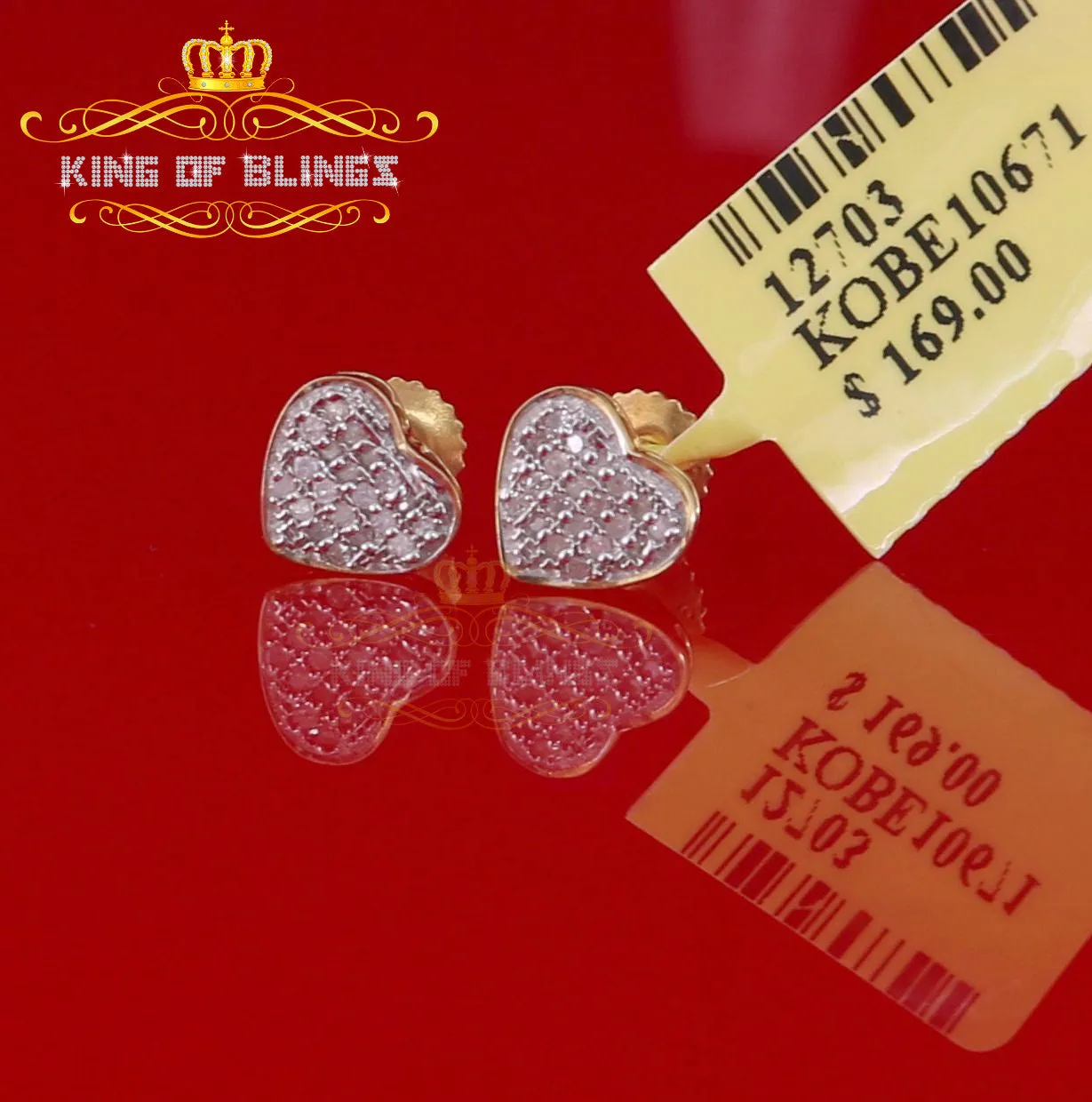 King of Blings-925 Sterling Silver 0.10ct Diamond Heart Earrings For Women Yellow Stud For Men