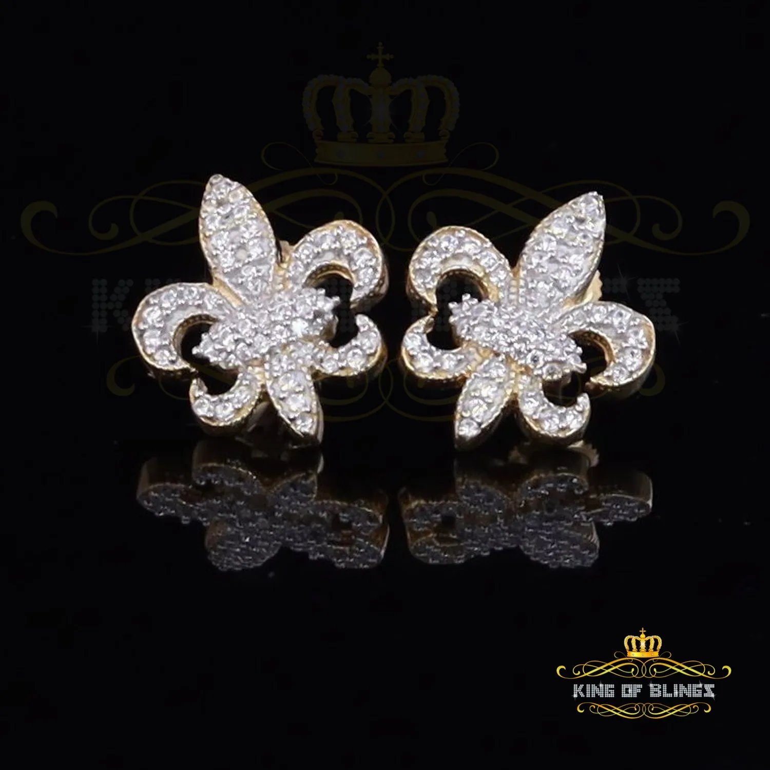 King of Bling's Fleur de Lis Yellow 925 Silver Screw Back 0.96ct Cubic Zirconia Women's Earrings