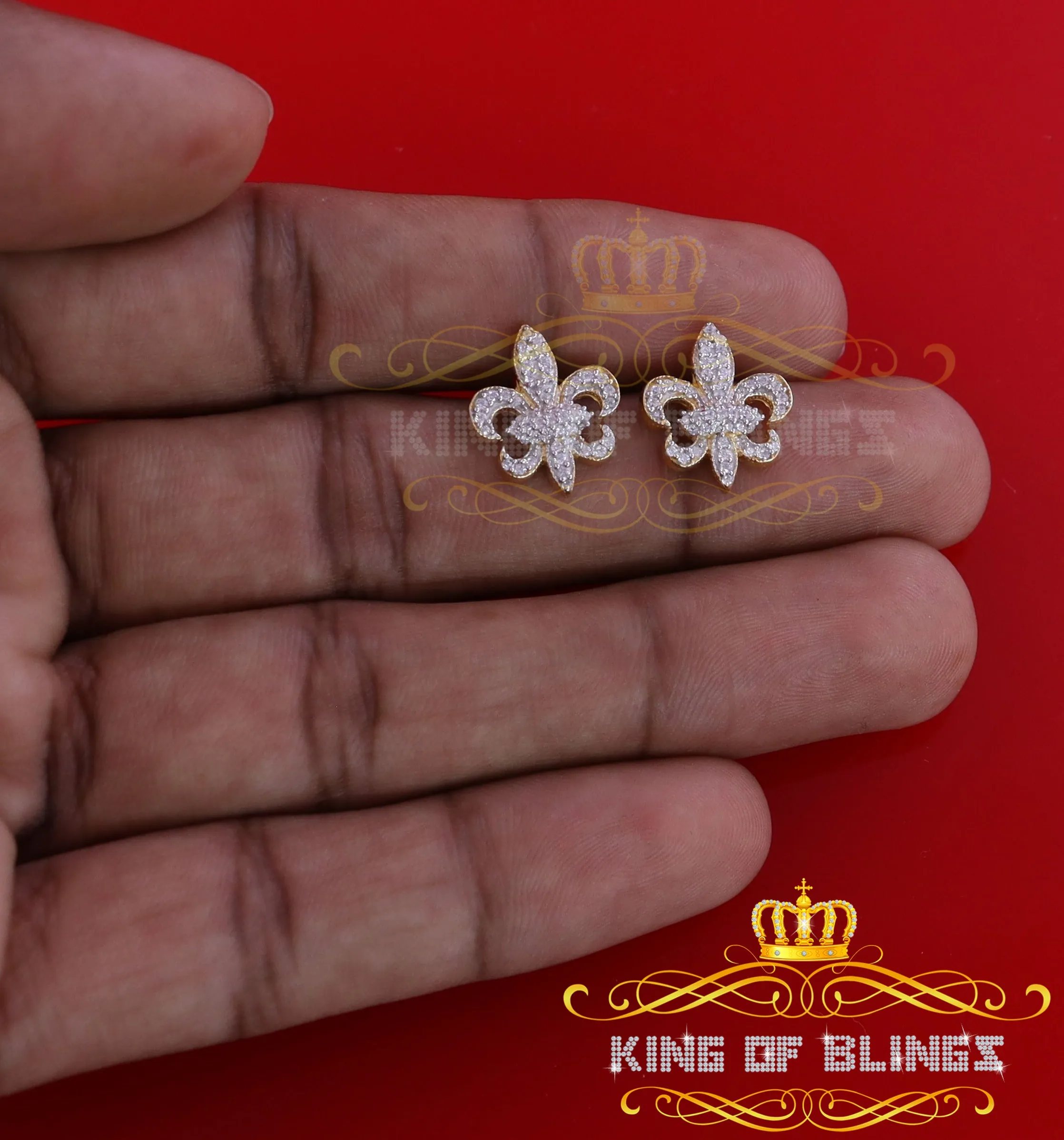 King of Bling's Fleur de Lis Yellow 925 Silver Screw Back 0.96ct Cubic Zirconia Women's Earrings