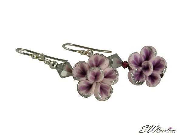 Lavender Silver Floral Beaded Earrings