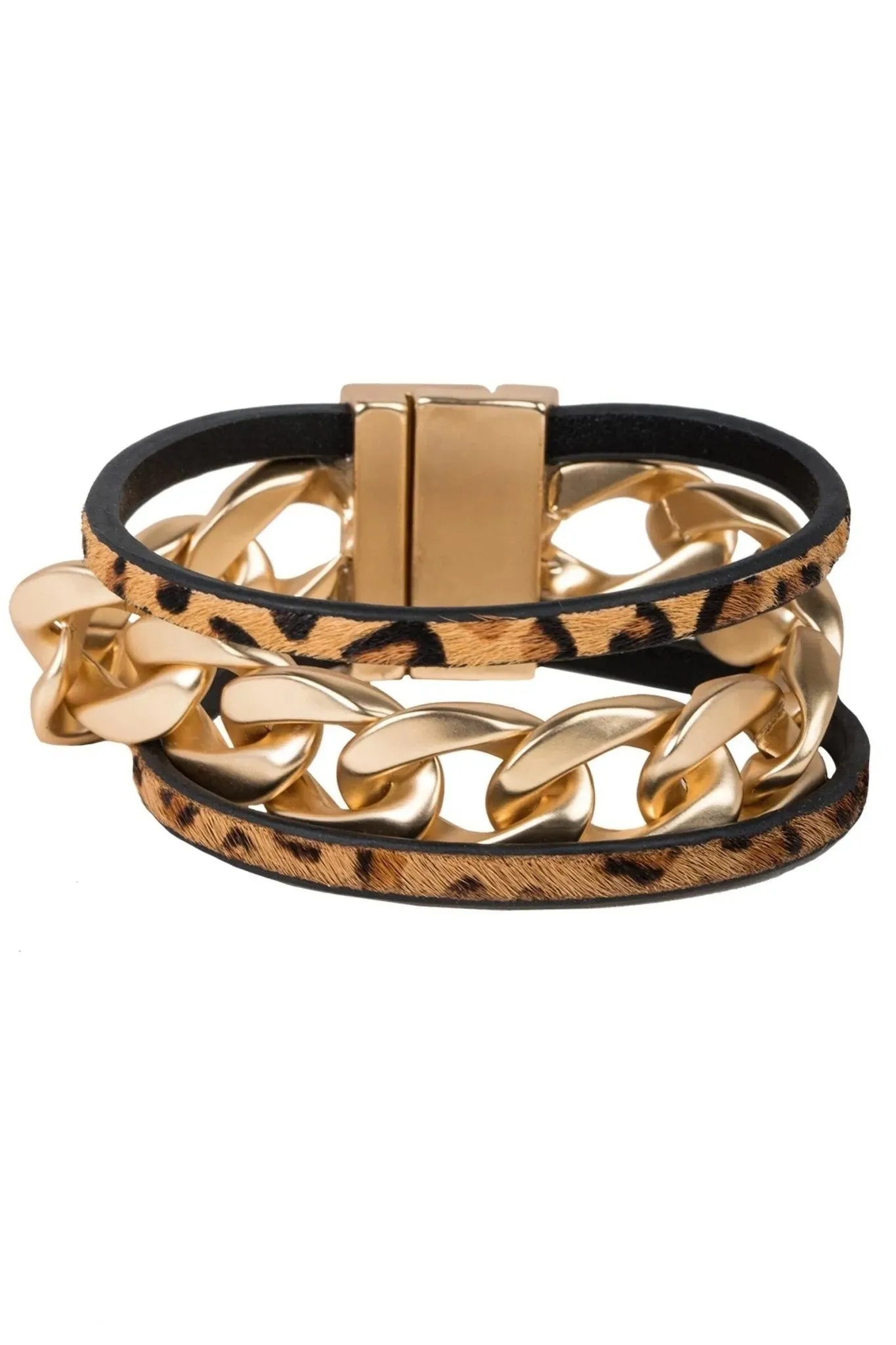 Metal Chain Link Leather Bracelet