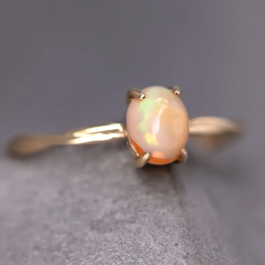 Mexican Egg Fire Opal Twist Band Engagement Ring 18K Yellow Gold