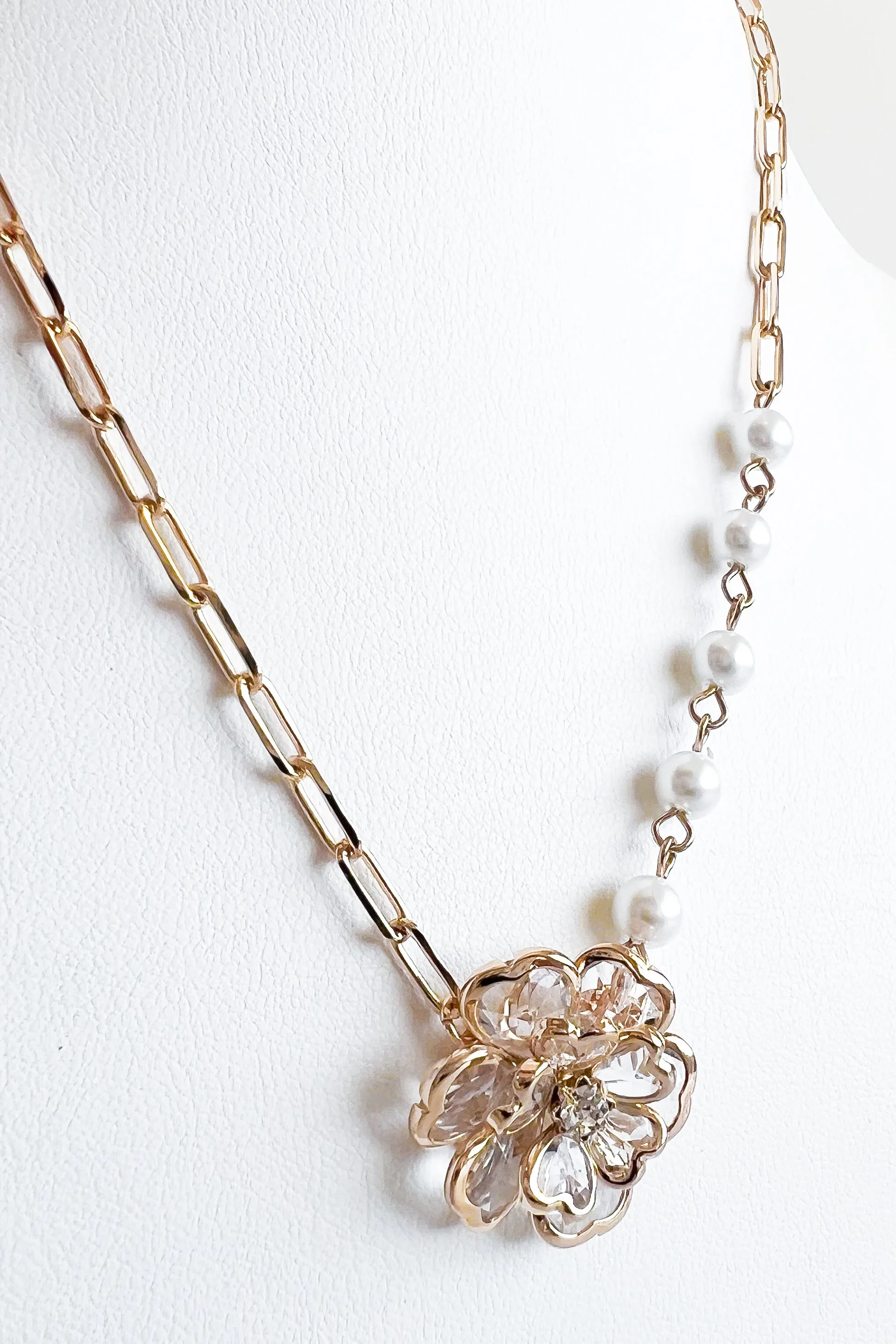 Mini CZ Paved Pearl Flower Pendant Necklace