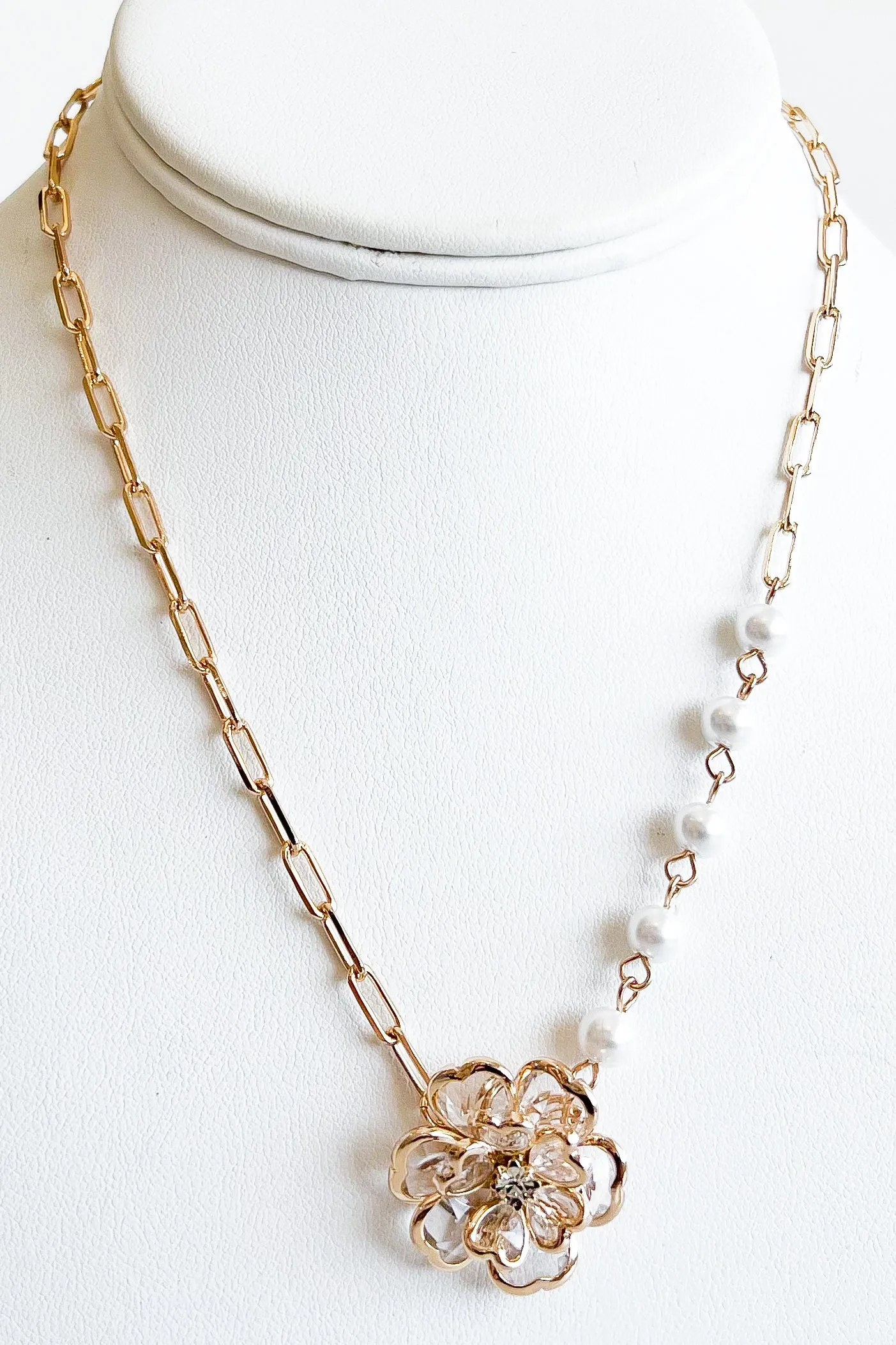 Mini CZ Paved Pearl Flower Pendant Necklace