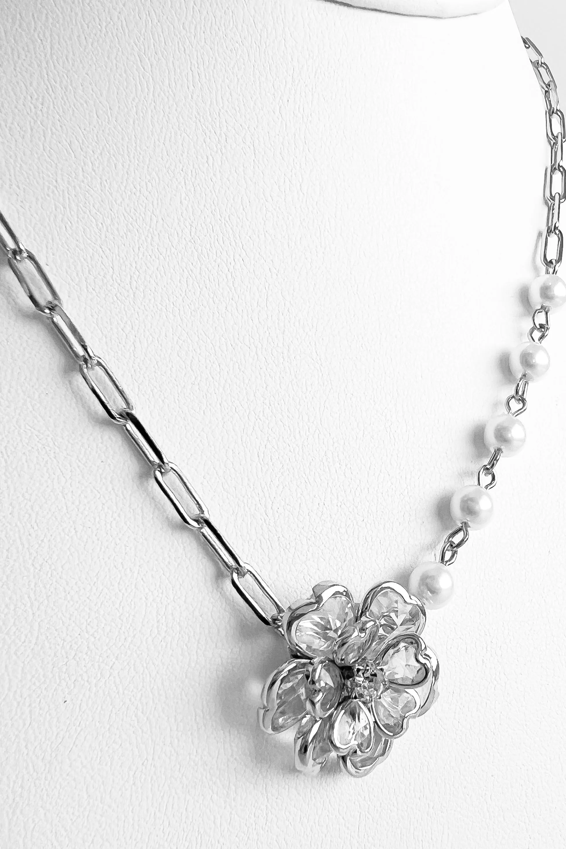 Mini CZ Paved Pearl Flower Pendant Necklace