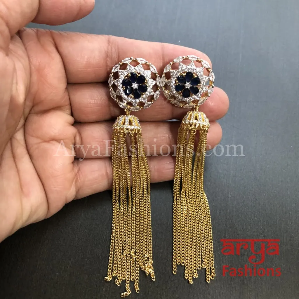 Naila Golden Long Cubic Zirconia Party Earrings