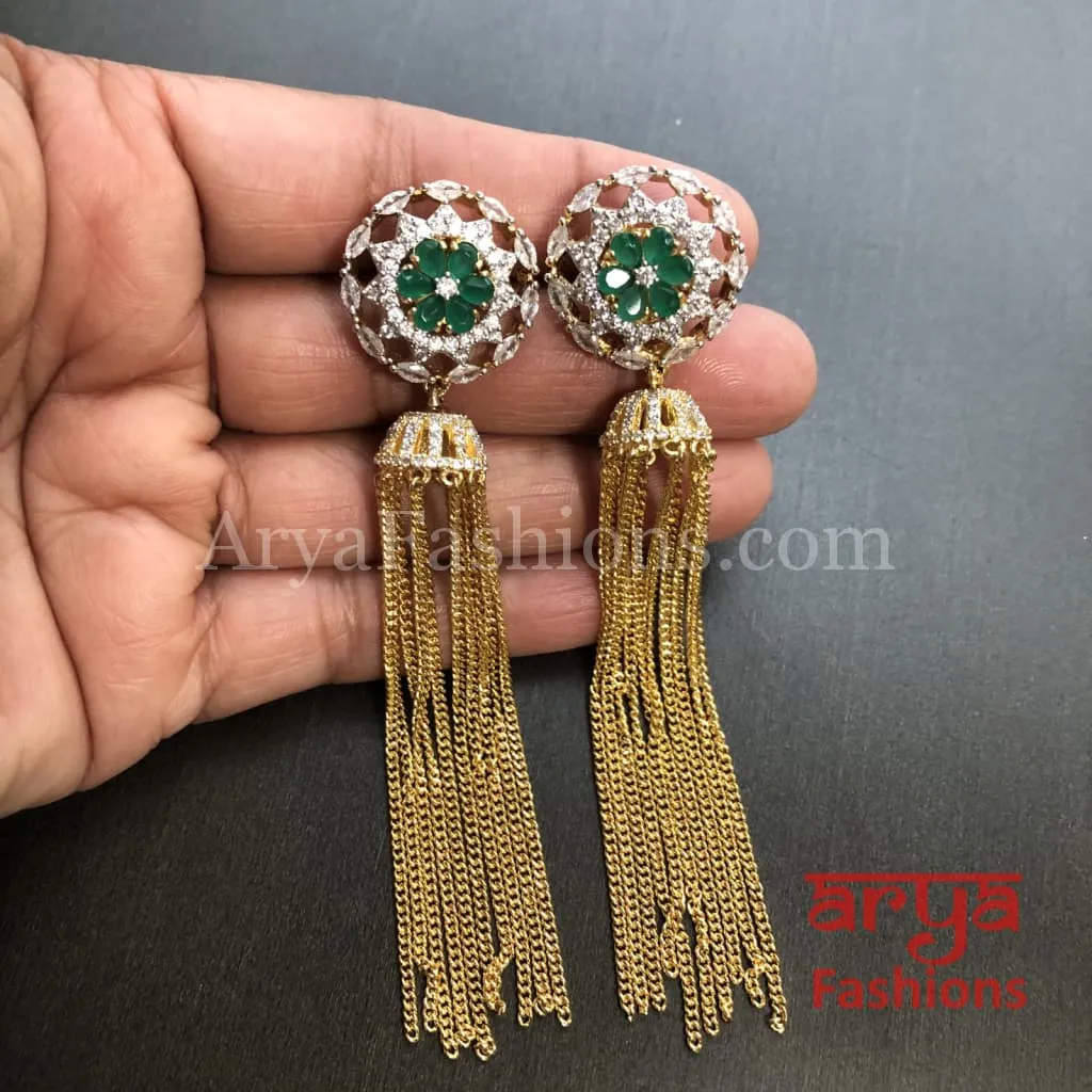 Naila Golden Long Cubic Zirconia Party Earrings