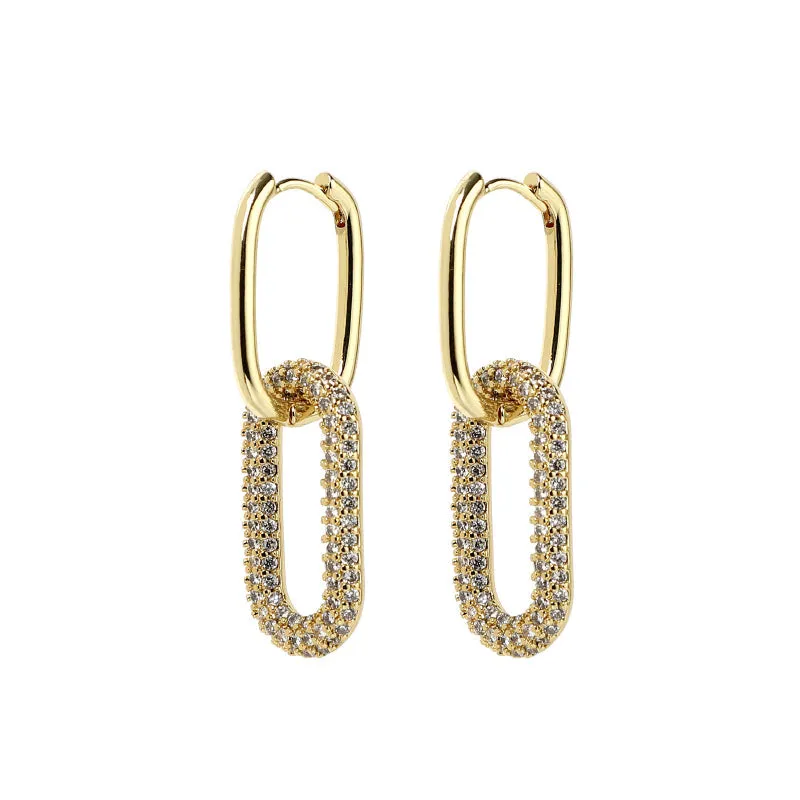 One Side Zircon Studded Double Oval-Shaped Geometric Dangle Hoop Earrings