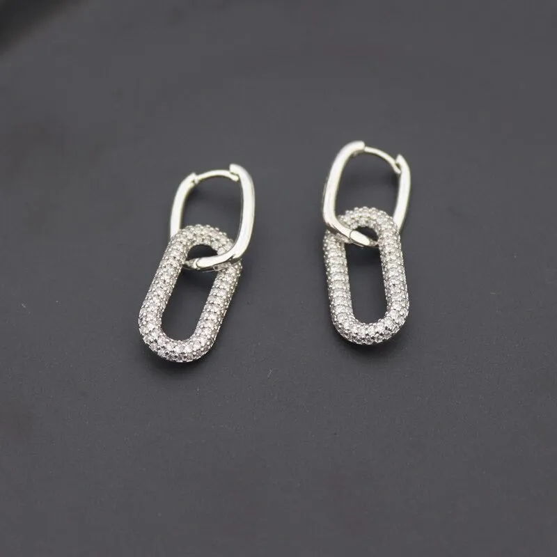 One Side Zircon Studded Double Oval-Shaped Geometric Dangle Hoop Earrings