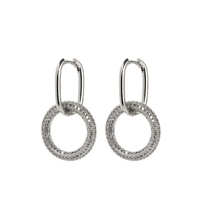 One Side Zircon Studded Double Oval-Shaped Geometric Dangle Hoop Earrings