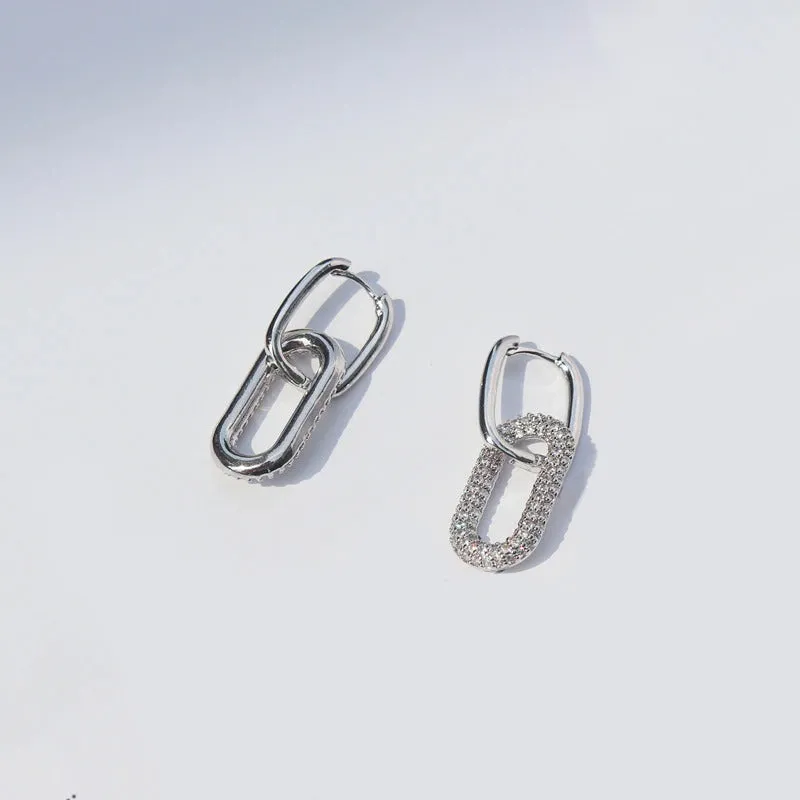 One Side Zircon Studded Double Oval-Shaped Geometric Dangle Hoop Earrings