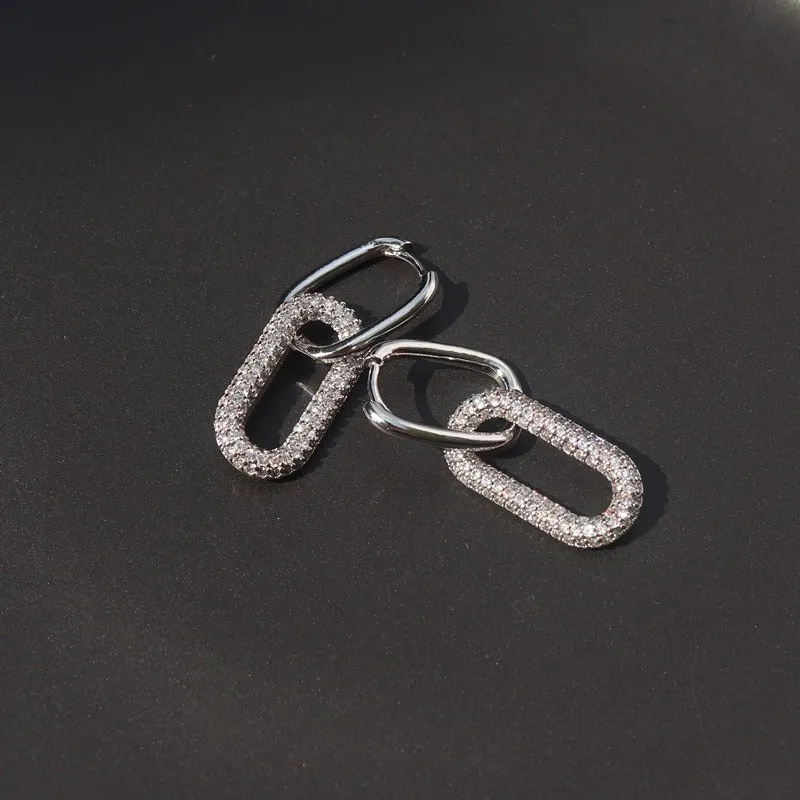 One Side Zircon Studded Double Oval-Shaped Geometric Dangle Hoop Earrings