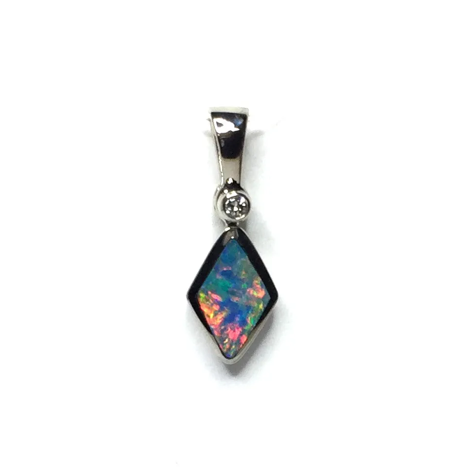 Opal Pendant Diamond Shape Inlaid Design with .02ct Round Diamond