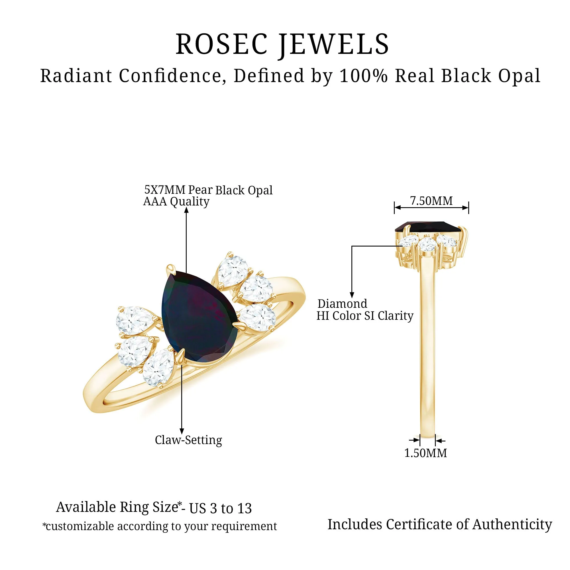 Pear Cut Black Opal Solitaire Engagement Ring with Diamond Trio