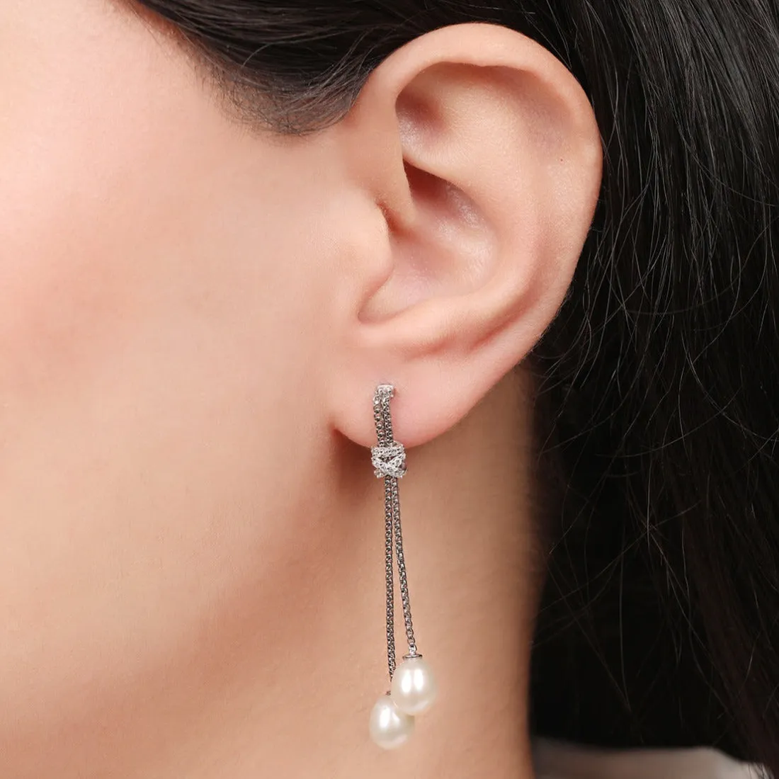 Pearl Cascade Elegance Rhodium-Plated 925 Sterling Silver Box Chain Earrings