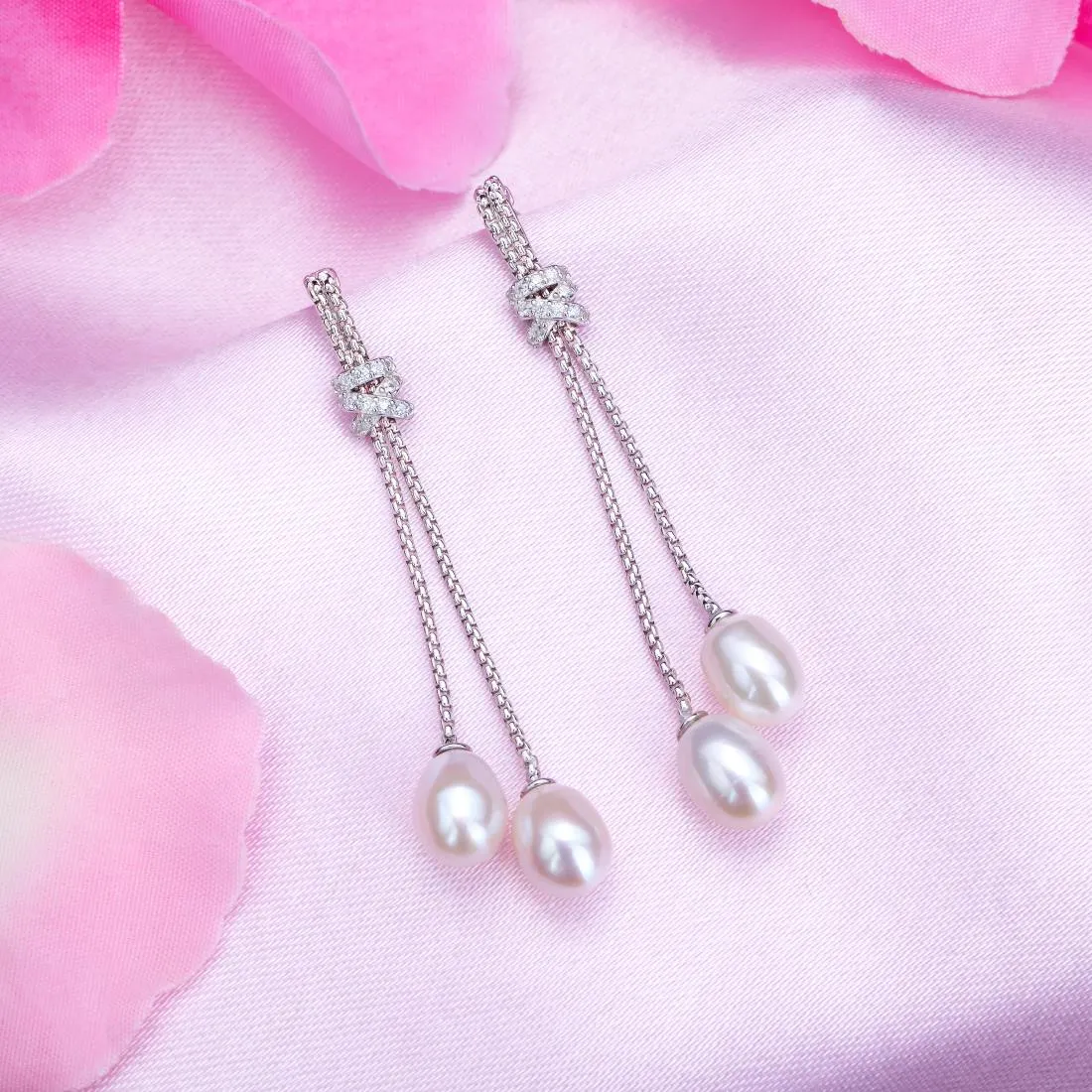 Pearl Cascade Elegance Rhodium-Plated 925 Sterling Silver Box Chain Earrings