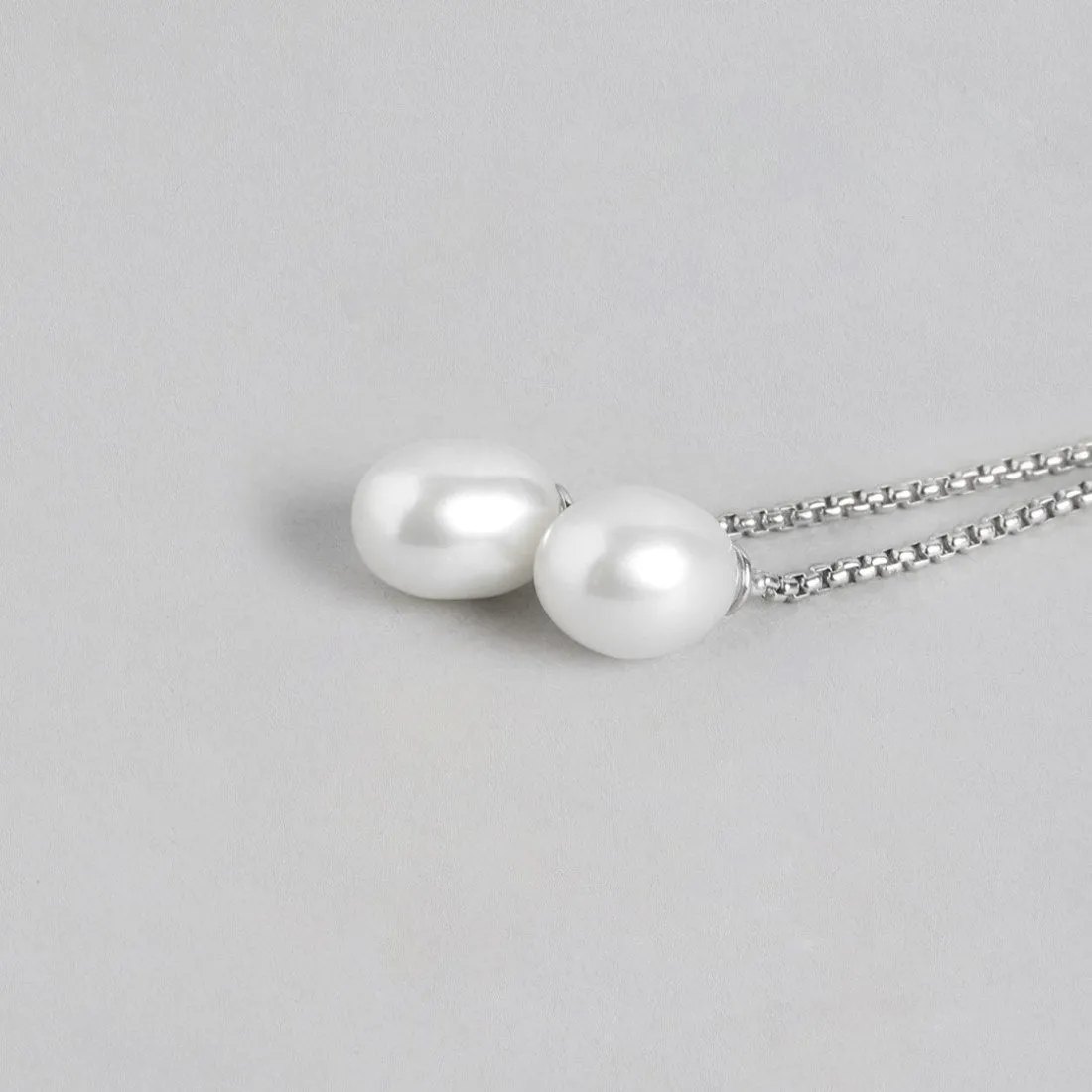 Pearl Cascade Elegance Rhodium-Plated 925 Sterling Silver Box Chain Earrings