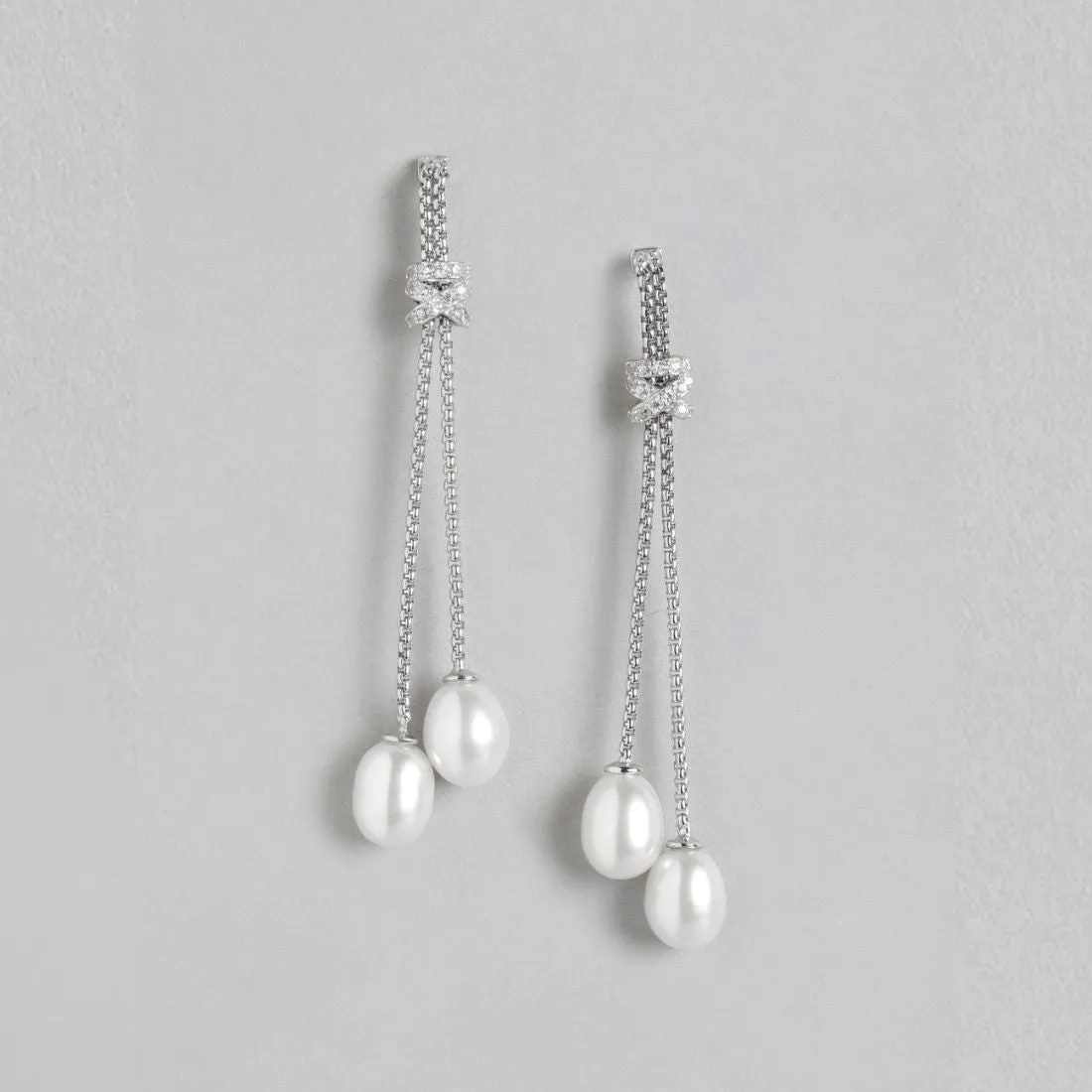 Pearl Cascade Elegance Rhodium-Plated 925 Sterling Silver Box Chain Earrings