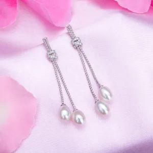 Pearl Cascade Elegance Rhodium-Plated 925 Sterling Silver Box Chain Earrings
