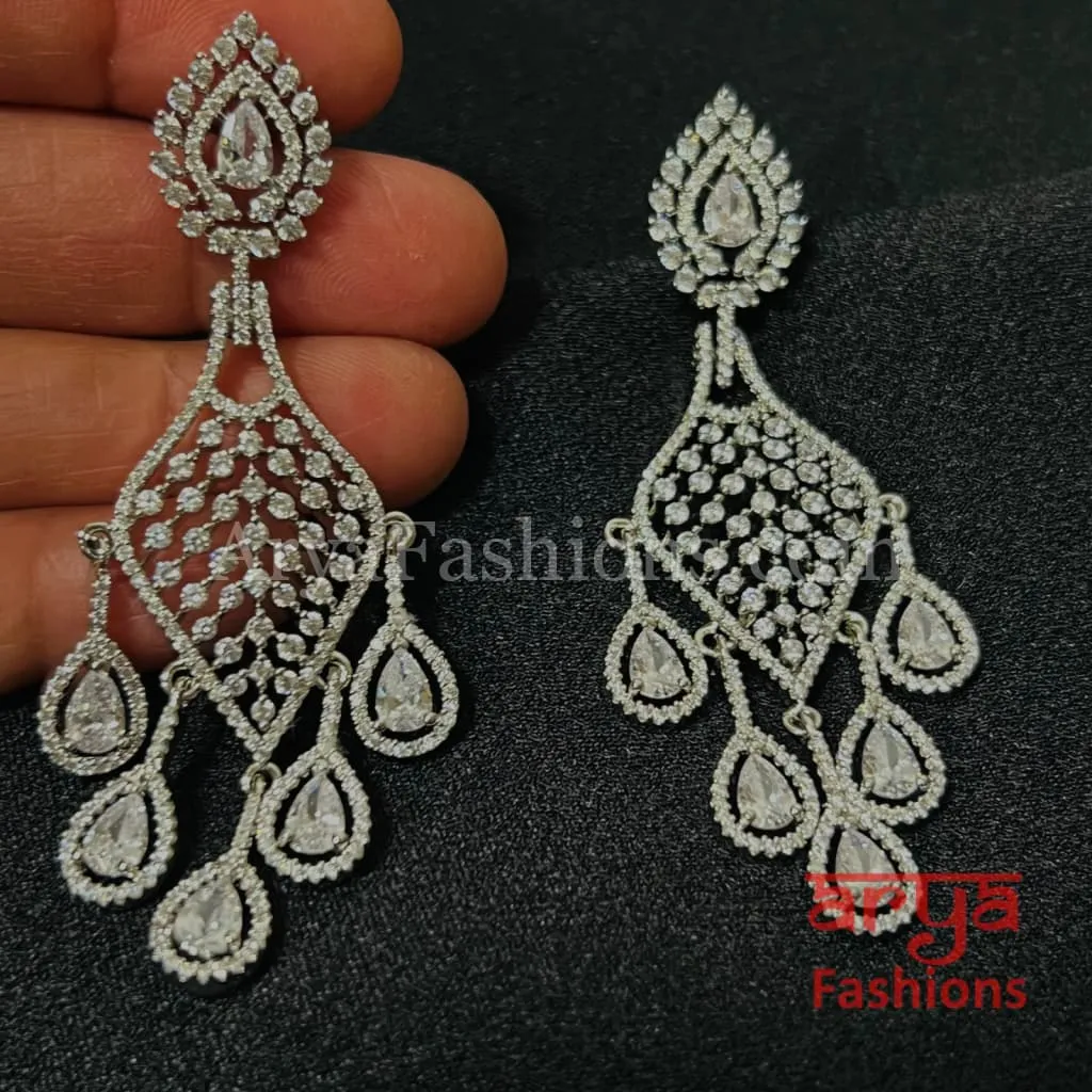 Pink Silver Cubic Zirconia Chandbali/ CZ Cocktail Chandbali Earrings