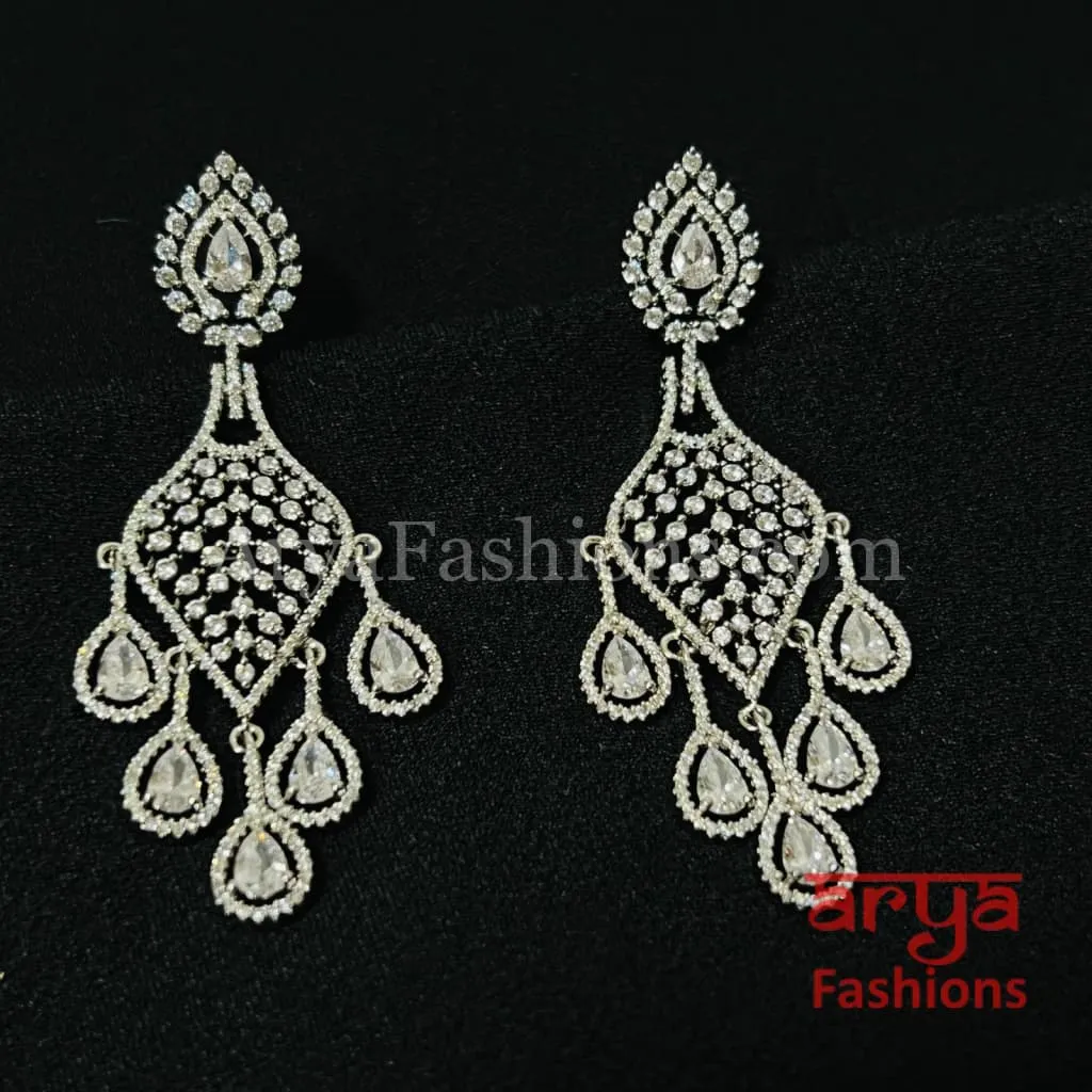 Pink Silver Cubic Zirconia Chandbali/ CZ Cocktail Chandbali Earrings