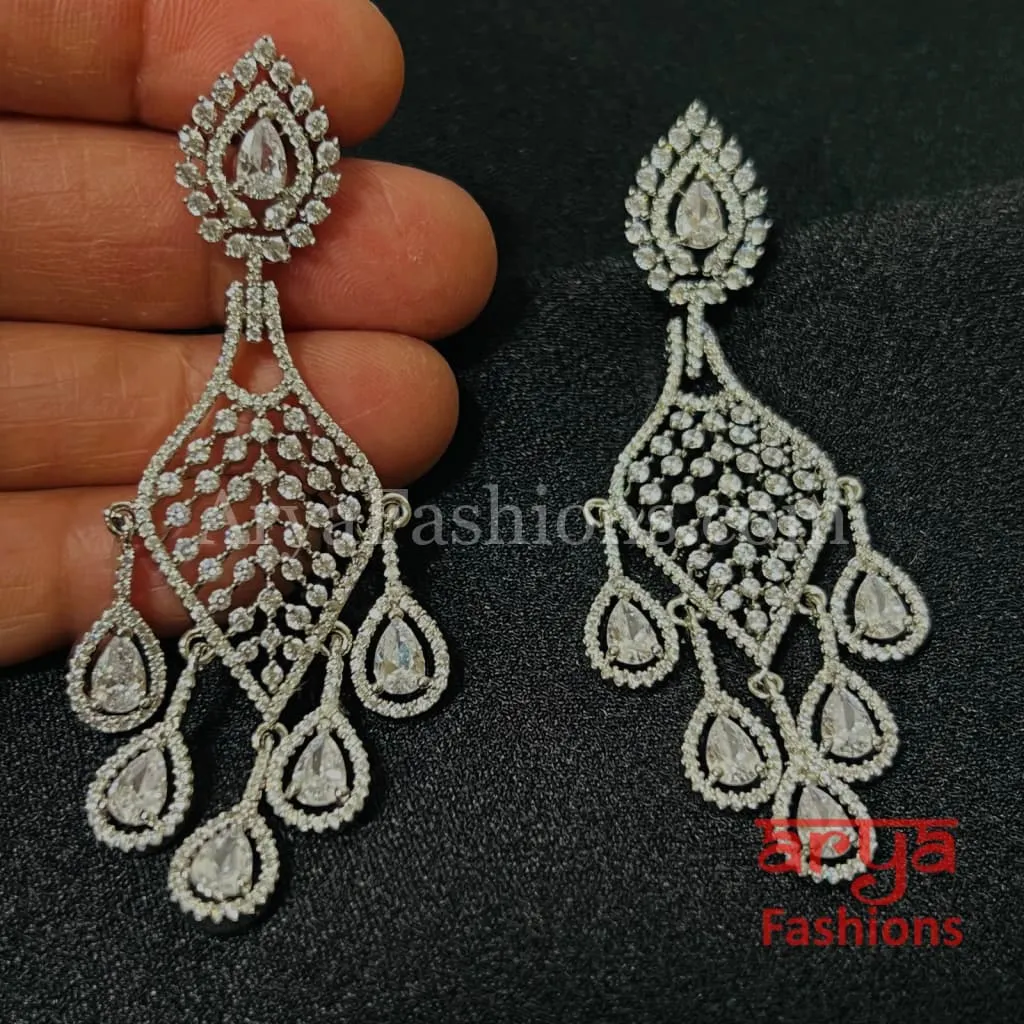 Pink Silver Cubic Zirconia Chandbali/ CZ Cocktail Chandbali Earrings